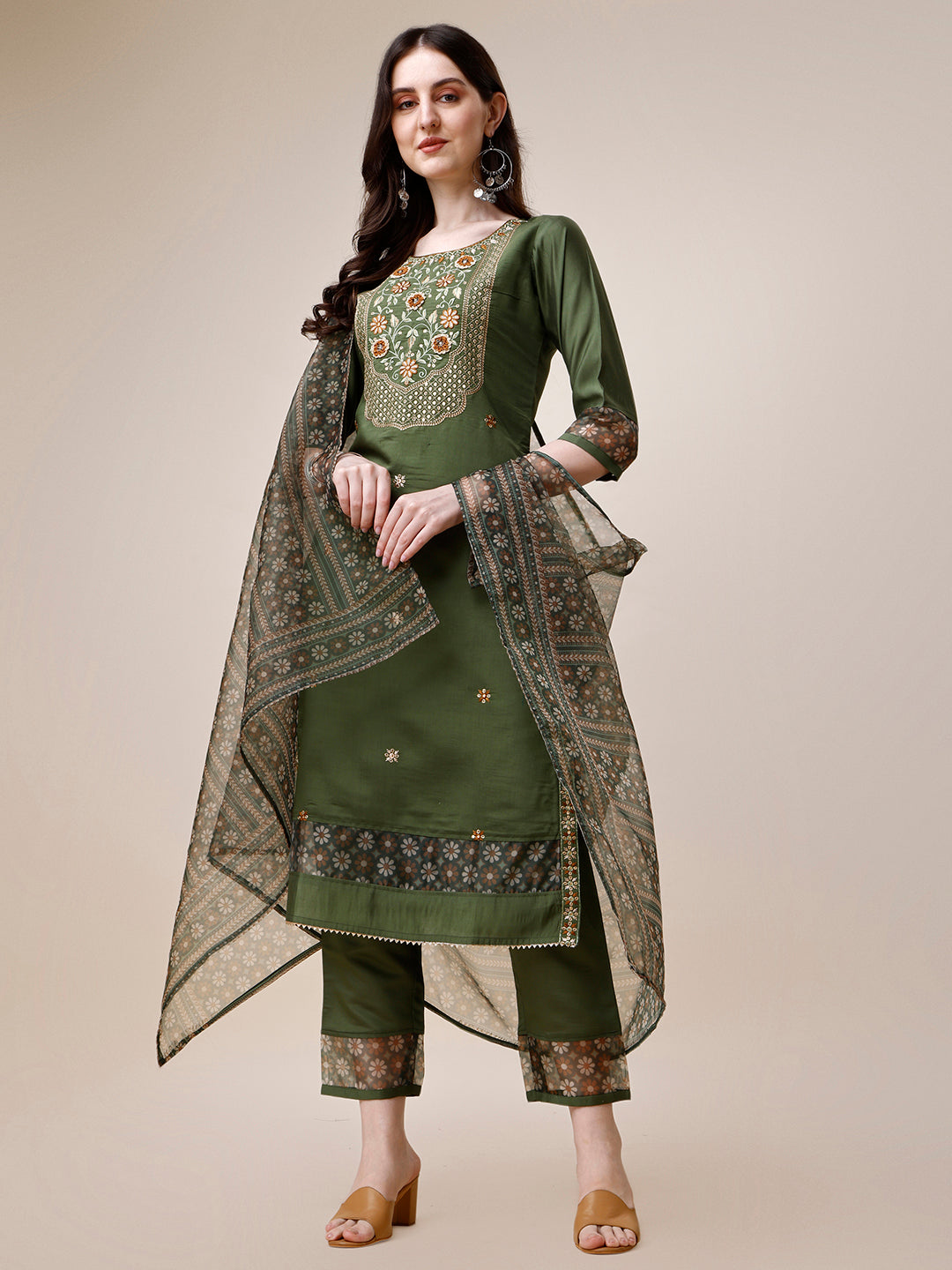 Embroidered Kurta with Pant and Printed Dupatta Set