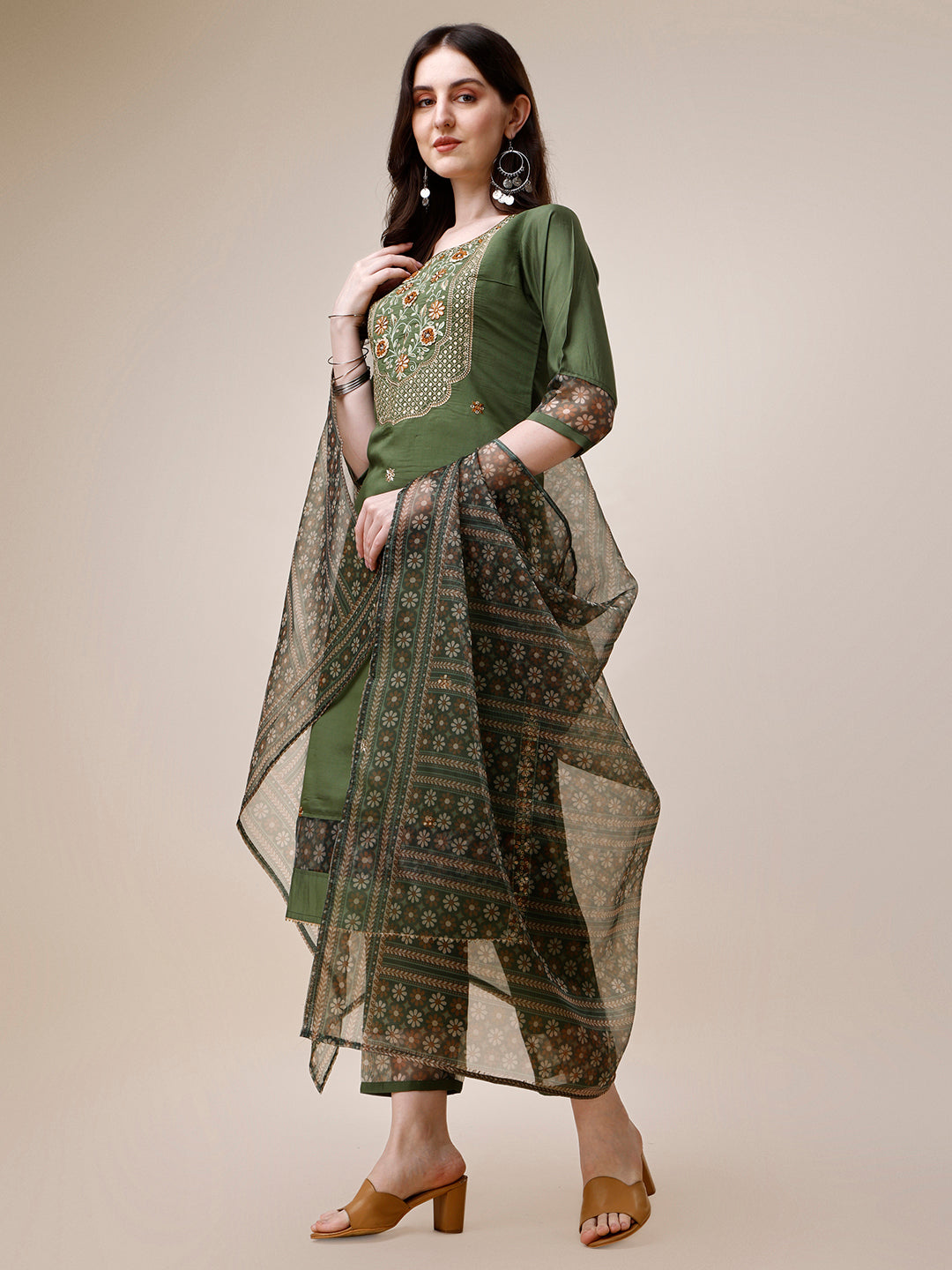 Embroidered Kurta with Pant and Printed Dupatta Set