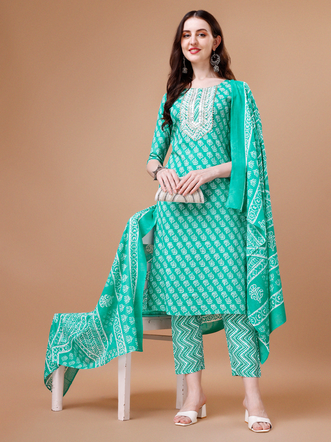 Embroidered & Floral Printed kurta with pant & dupatta