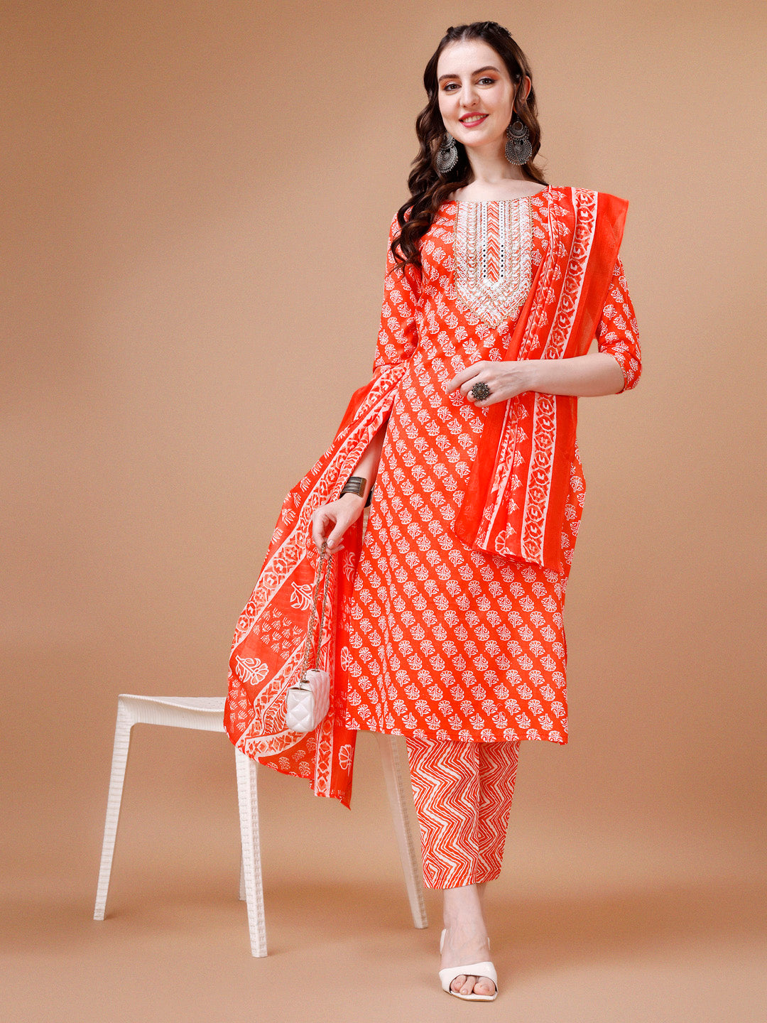 Embroidered & Floral Printed kurta with pant & dupatta