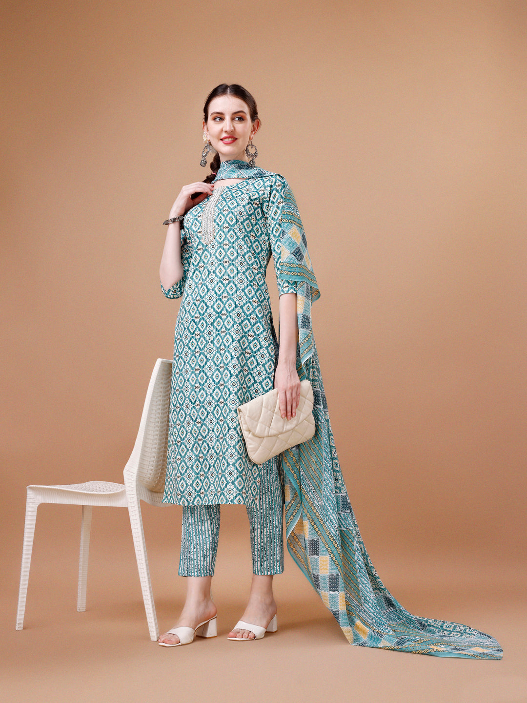 Printed & Lace Yoke Embroidered Kurta with Pant & Dupatta