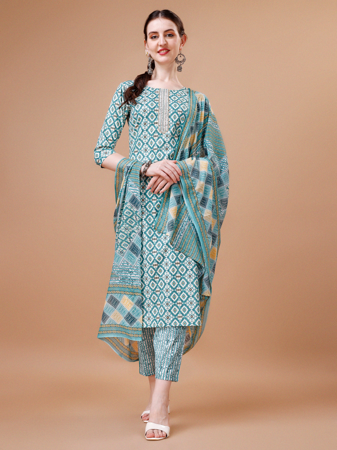 Printed & Lace Yoke Embroidered Kurta with Pant & Dupatta