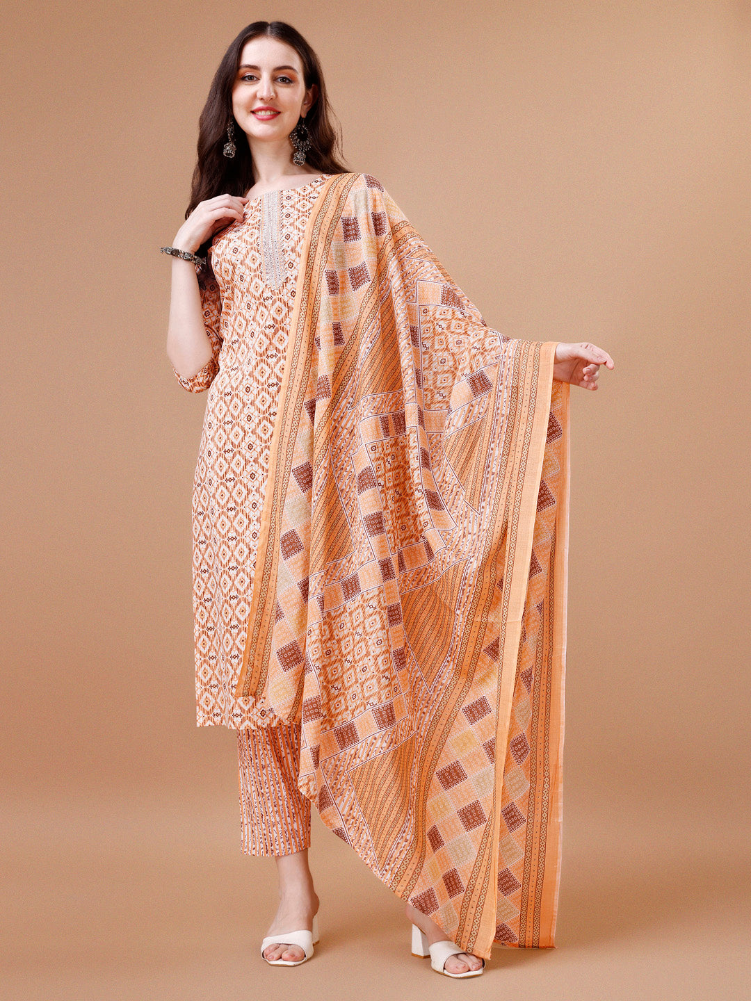 Printed & Lace Yoke Embroidered Kurta with Pant & Dupatta