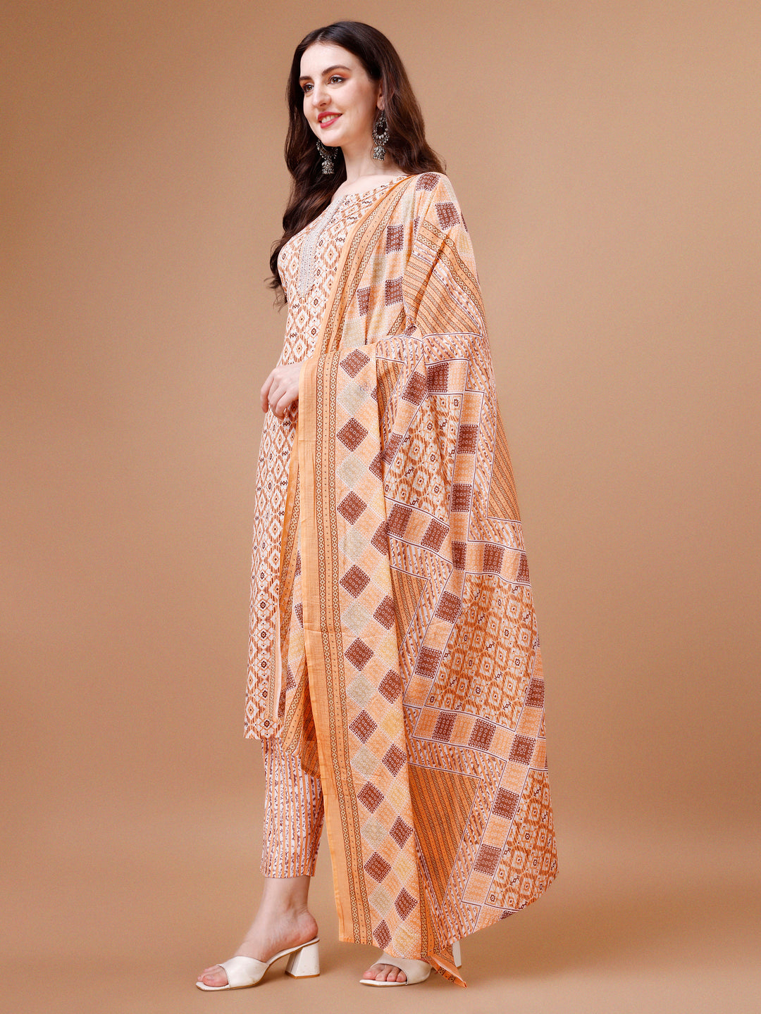 Printed & Lace Yoke Embroidered Kurta with Pant & Dupatta