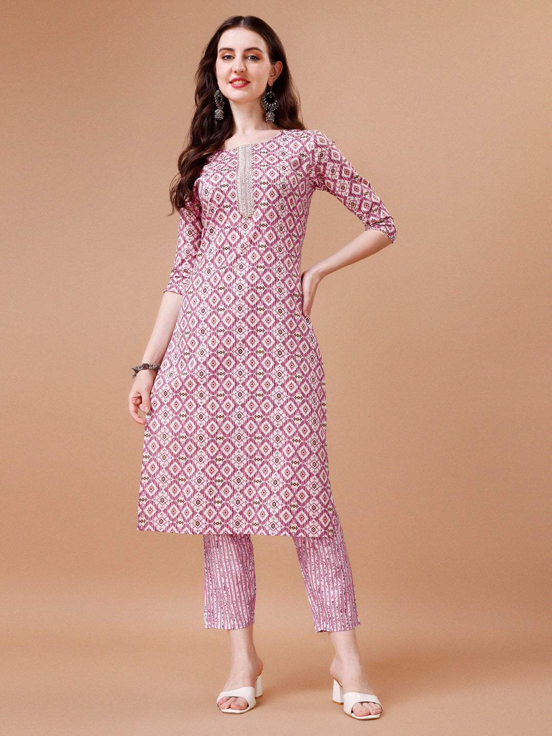 Printed & Lace Yoke Embroidered Kurta with Pant & Dupatta