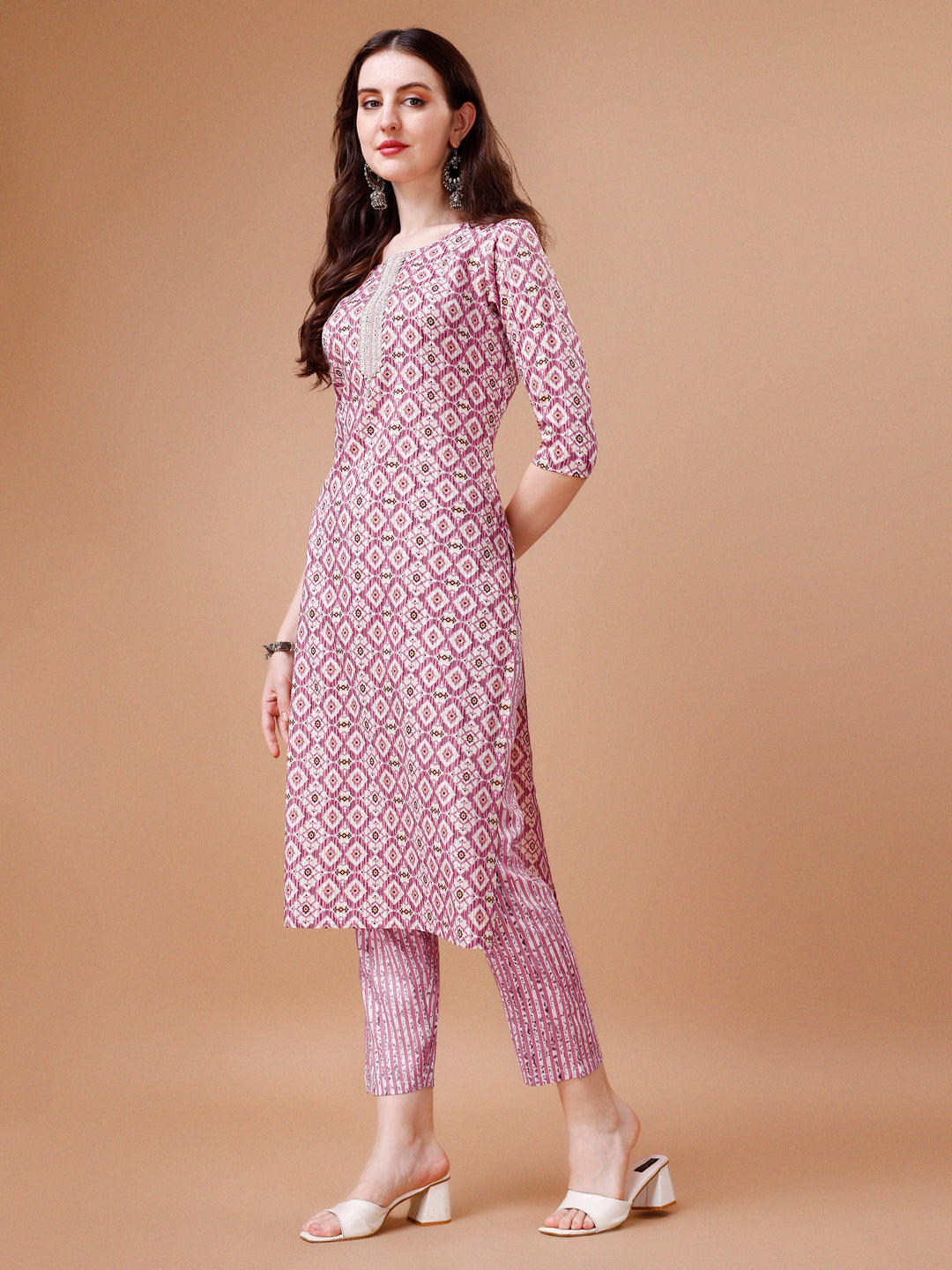 Printed & Lace Yoke Embroidered Kurta with Pant & Dupatta