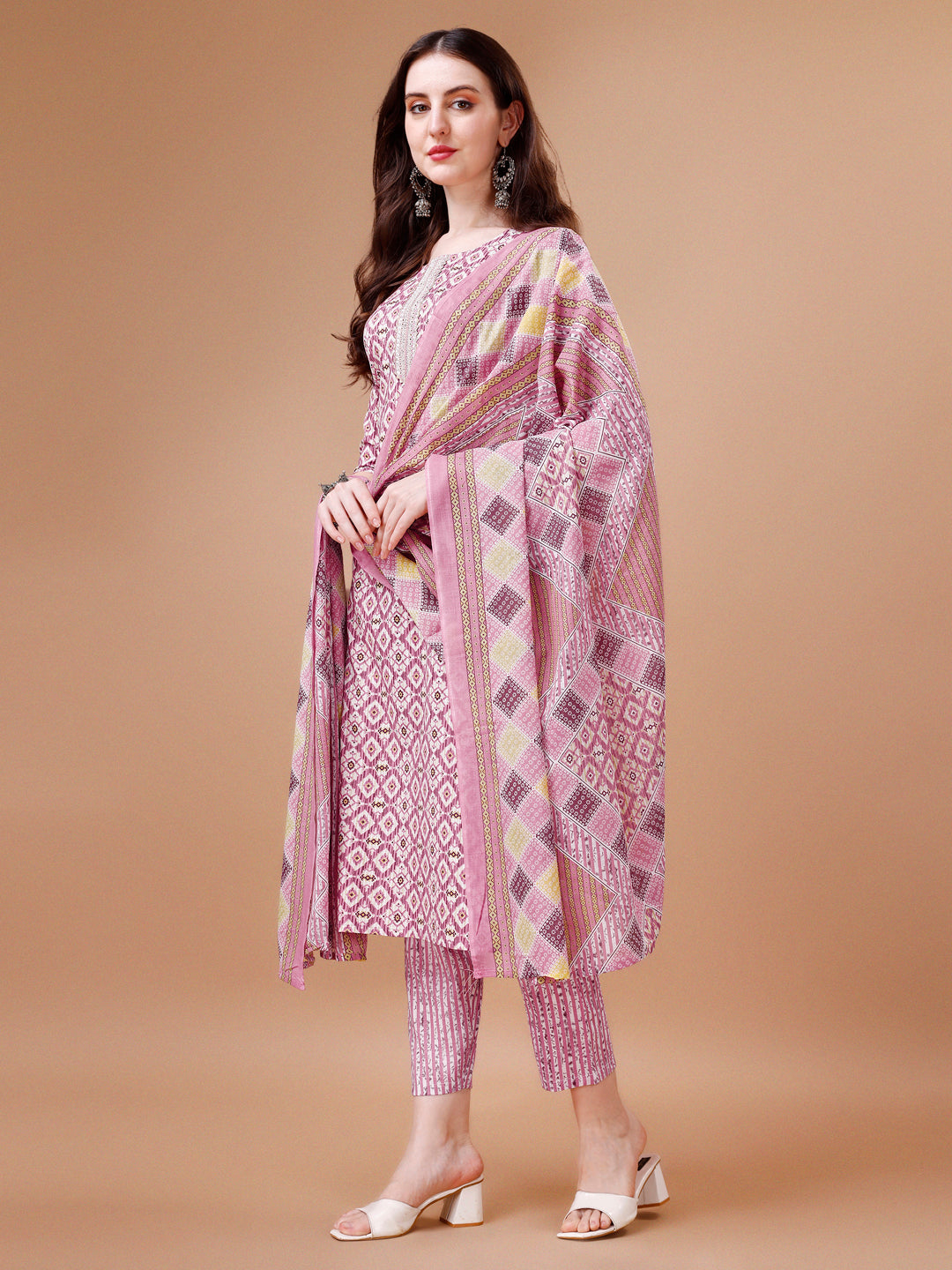 Printed & Lace Yoke Embroidered Kurta with Pant & Dupatta