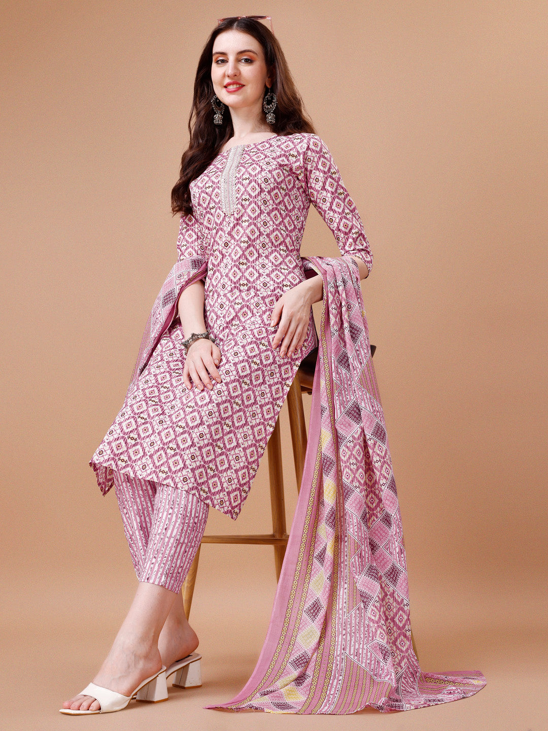 Printed & Lace Yoke Embroidered Kurta with Pant & Dupatta