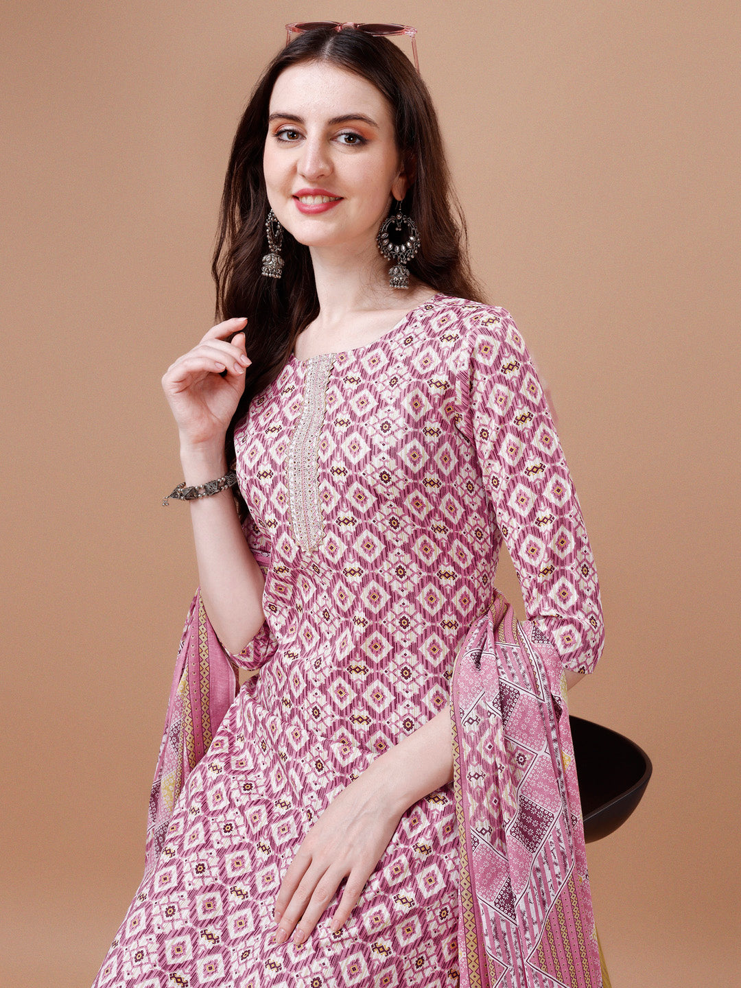 Printed & Lace Yoke Embroidered Kurta with Pant & Dupatta