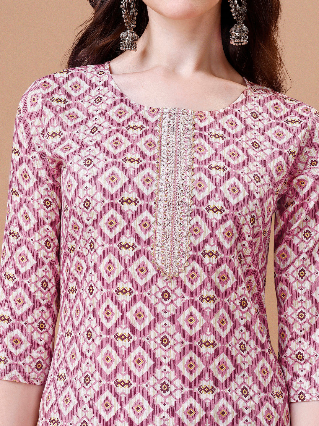 Printed & Lace Yoke Embroidered Kurta with Pant & Dupatta