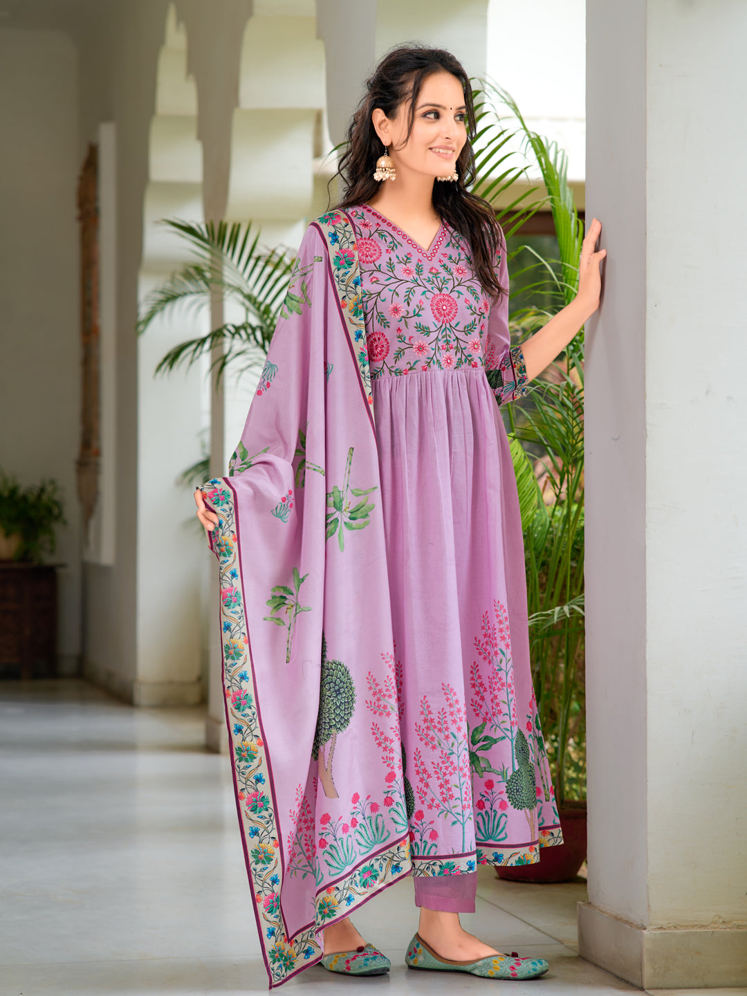 Placement Printed & Embroidered Flarded Kurta with Pant & Printed Dupatta