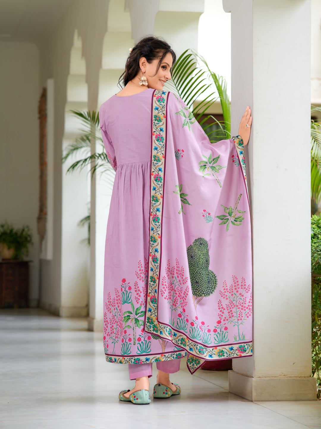 Placement Printed & Embroidered Flarded Kurta with Pant & Printed Dupatta