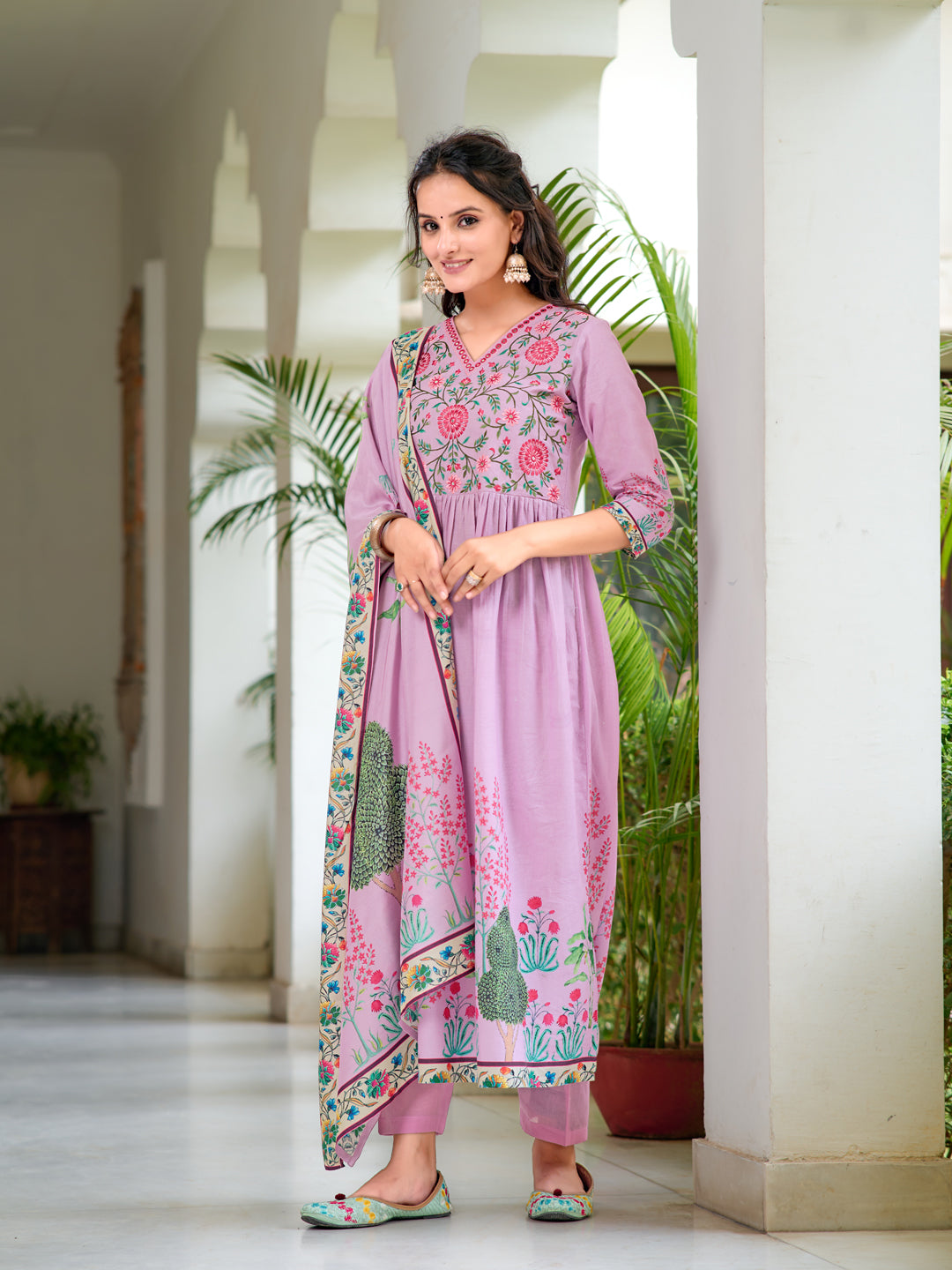 Placement Printed & Embroidered Flarded Kurta with Pant & Printed Dupatta