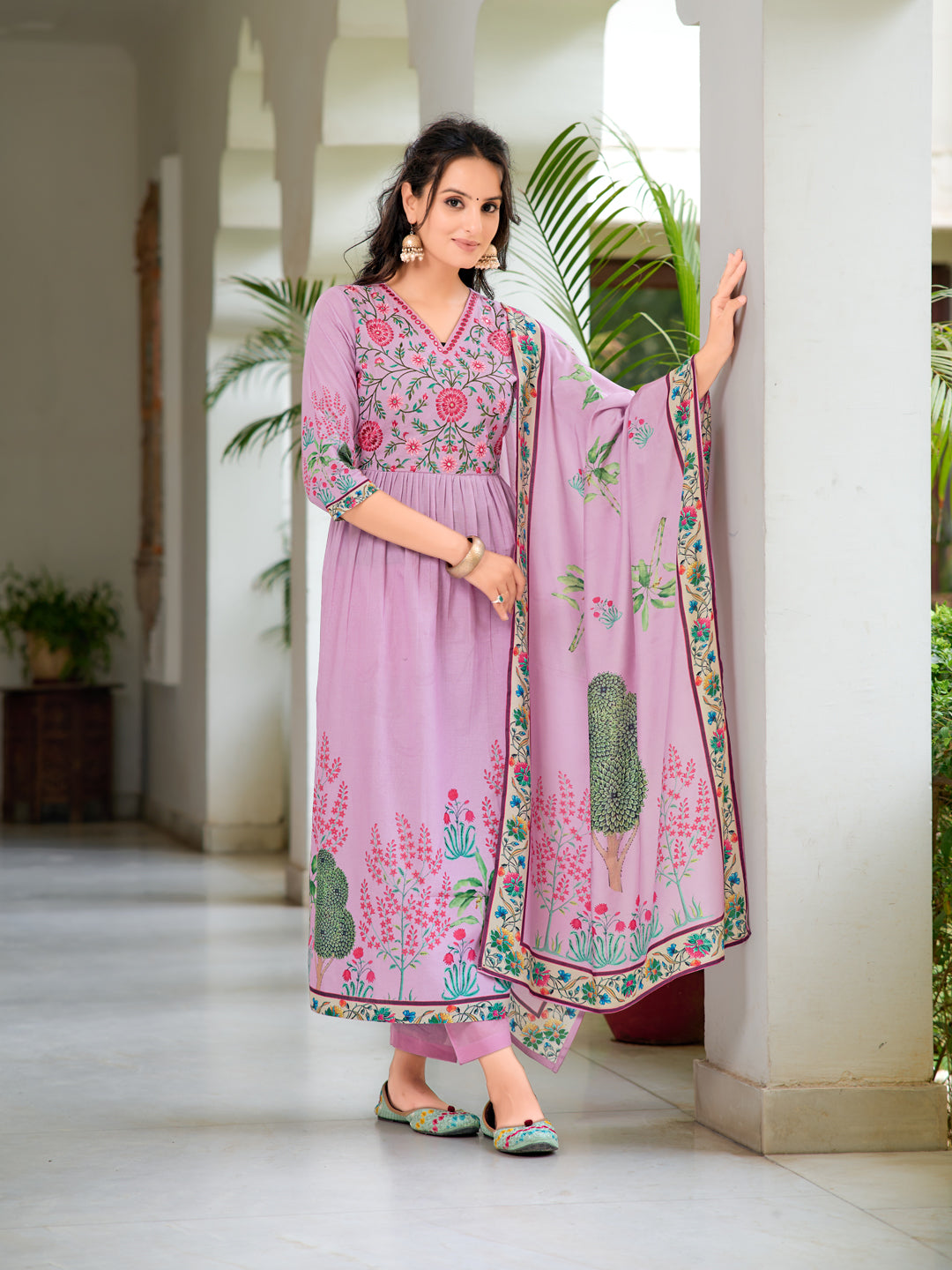 Placement Printed & Embroidered Flarded Kurta with Pant & Printed Dupatta