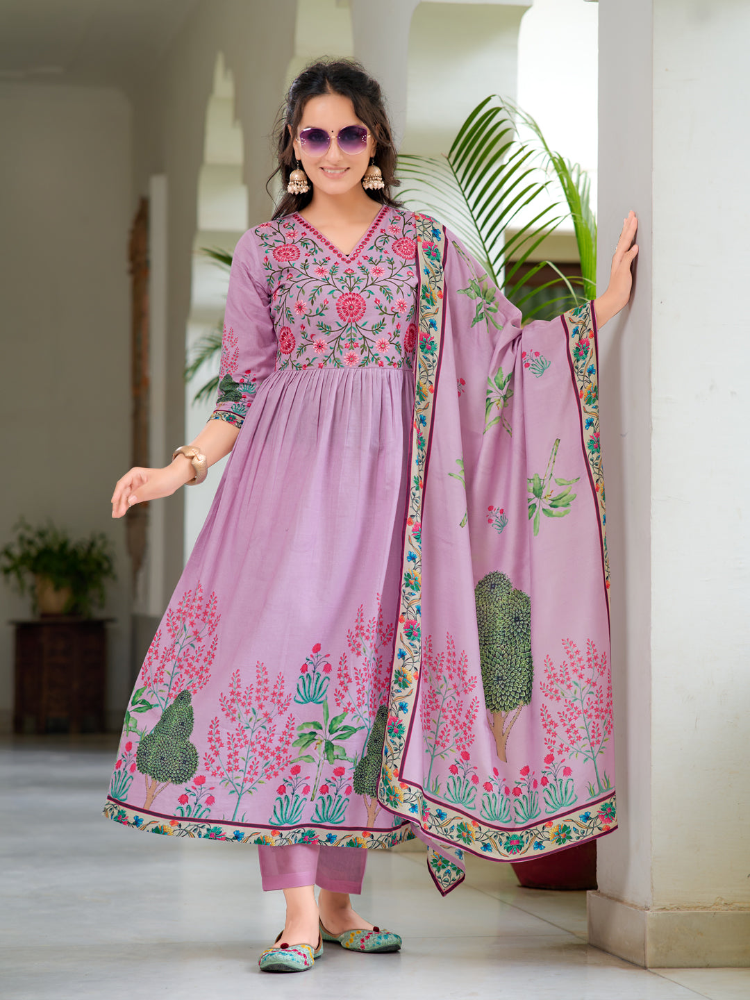 Placement Printed & Embroidered Flarded Kurta with Pant & Printed Dupatta