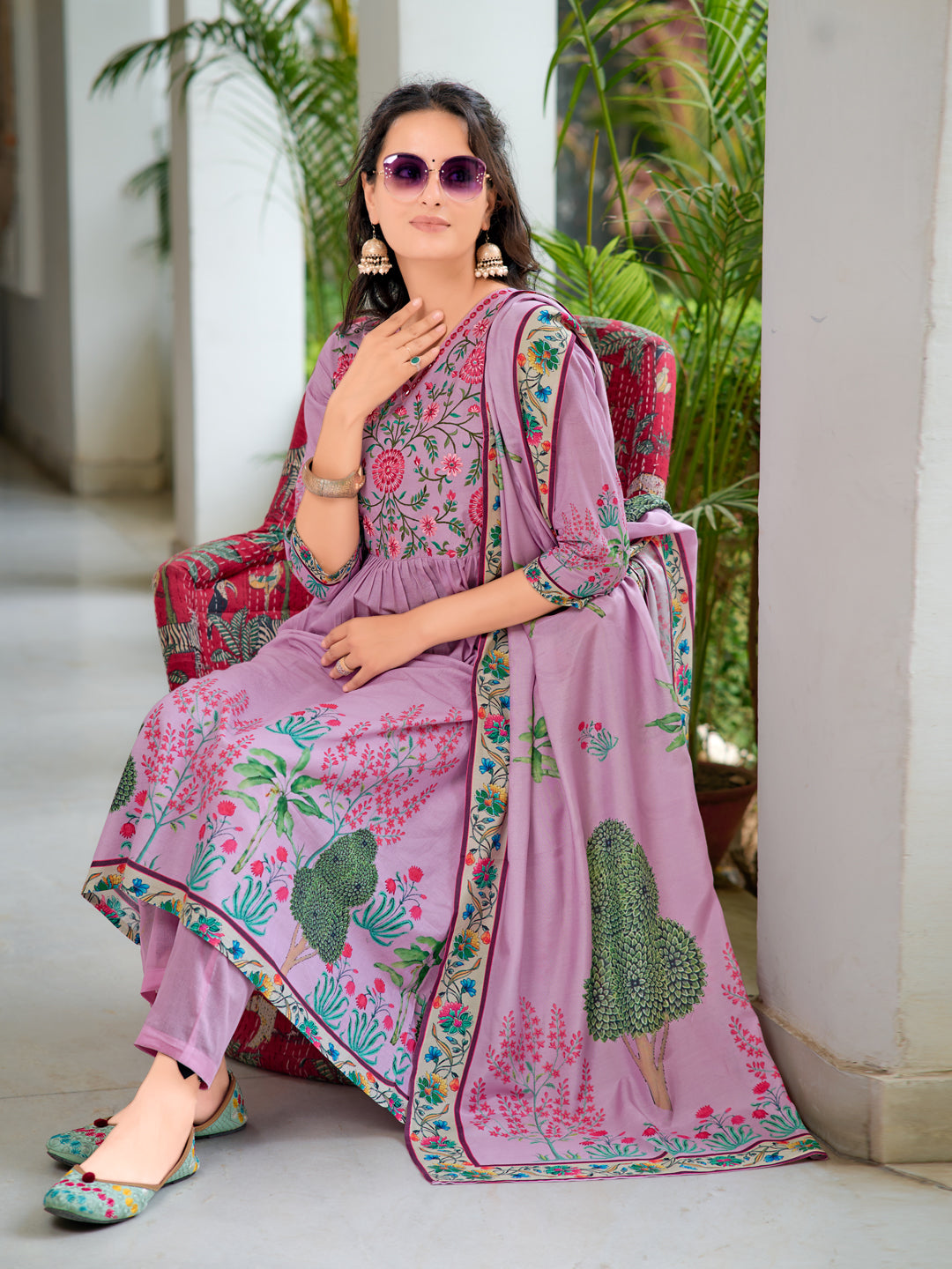 Placement Printed & Embroidered Flarded Kurta with Pant & Printed Dupatta