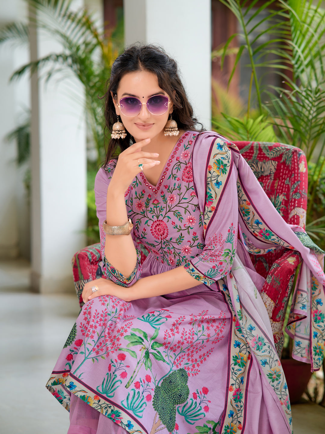 Placement Printed & Embroidered Flarded Kurta with Pant & Printed Dupatta
