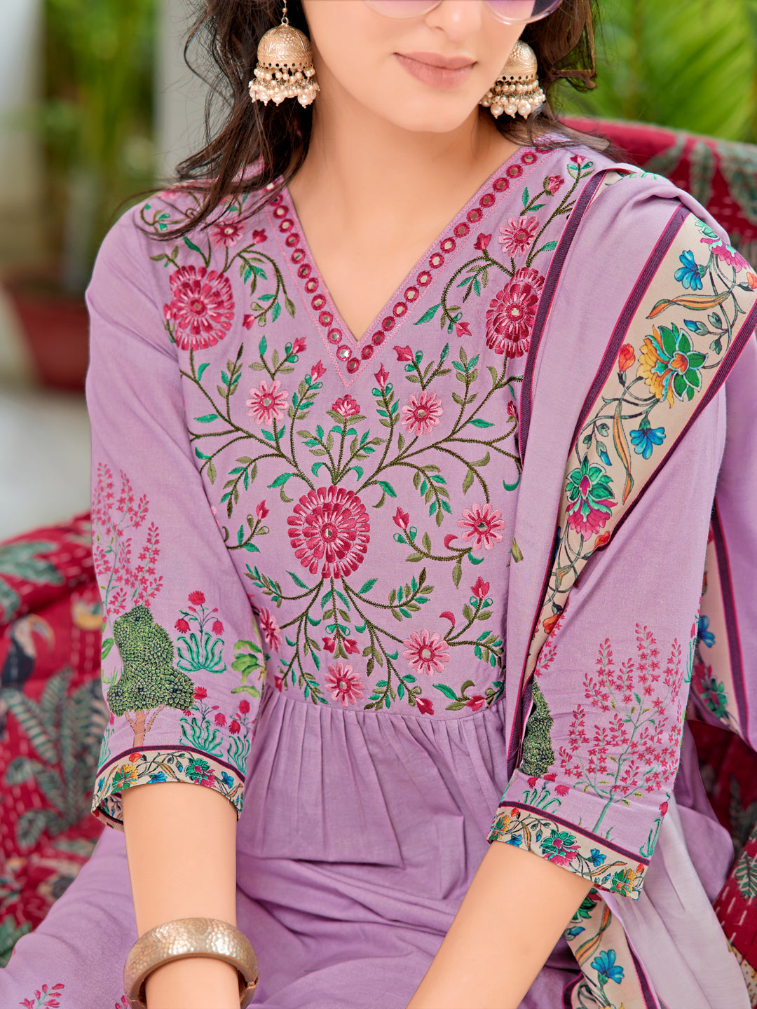 Placement Printed & Embroidered Flarded Kurta with Pant & Printed Dupatta