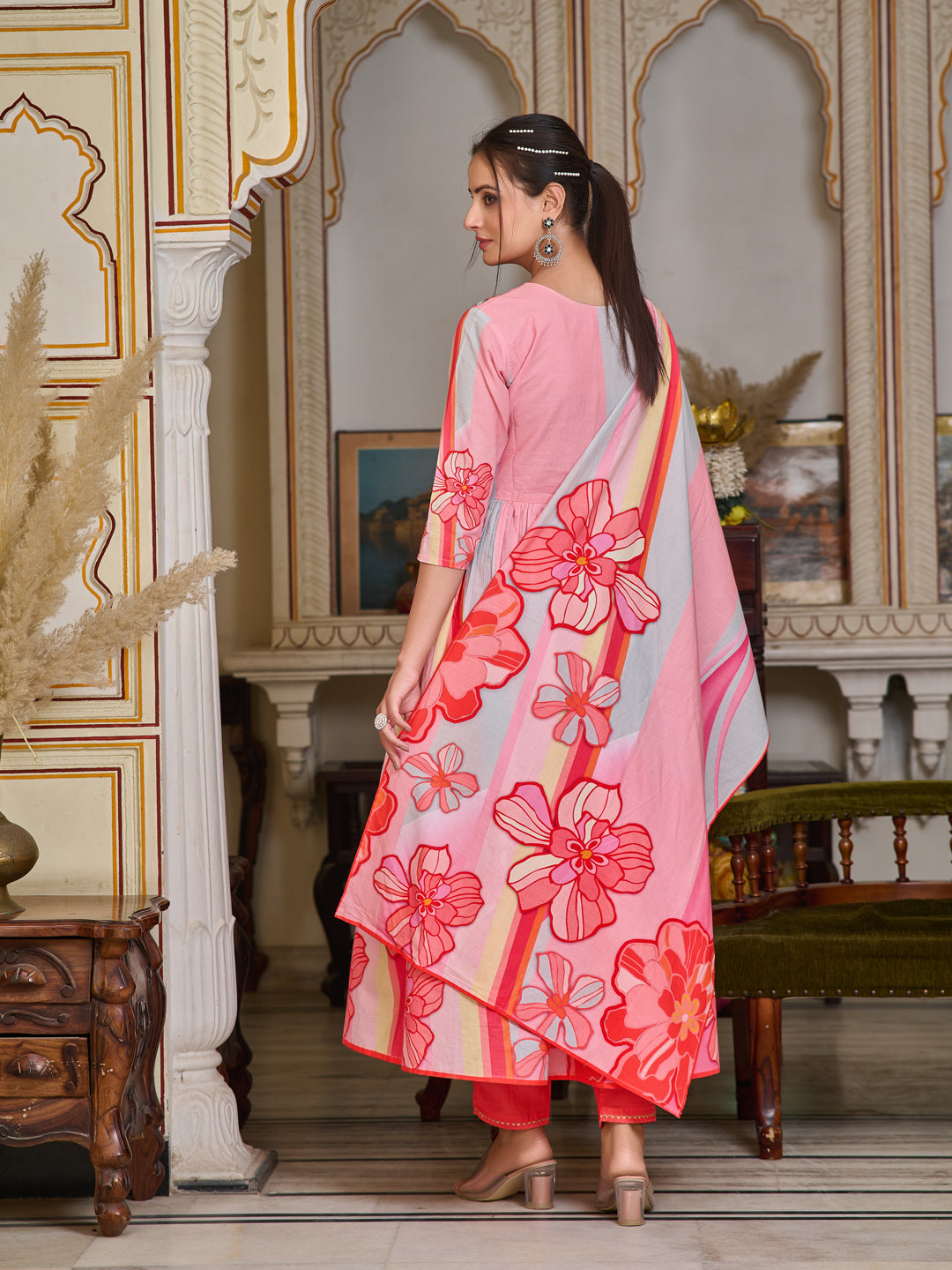 Placement Printed & Embroidered Flared Kurta with Pant & Printed Dupatta