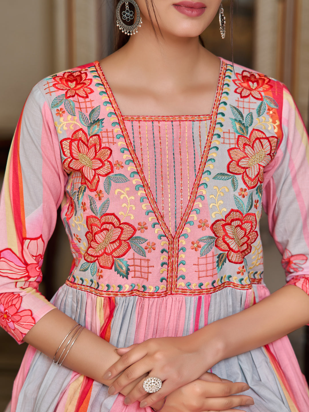 Placement Printed & Embroidered Flared Kurta with Pant & Printed Dupatta