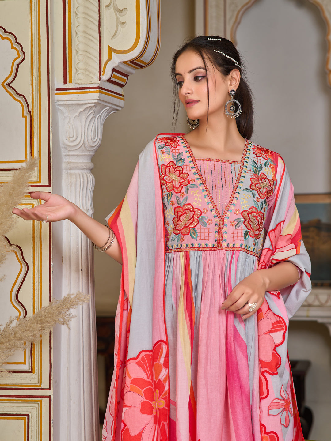 Placement Printed & Embroidered Flared Kurta with Pant & Printed Dupatta