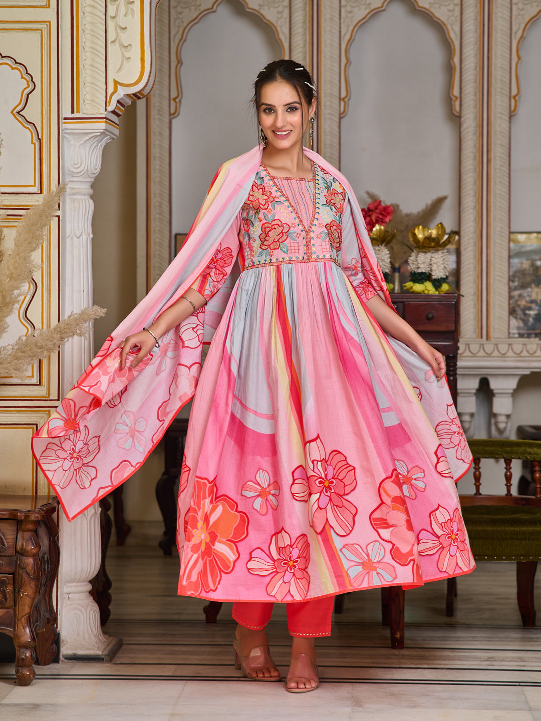 Placement Printed & Embroidered Flared Kurta with Pant & Printed Dupatta