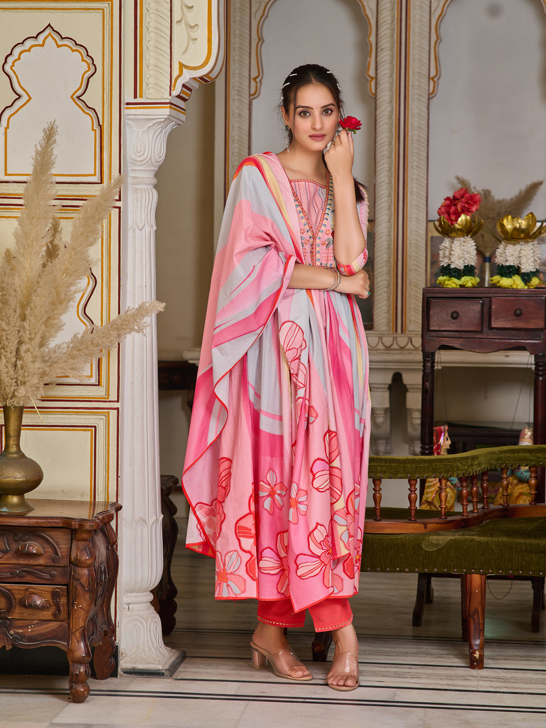 Placement Printed & Embroidered Flared Kurta with Pant & Printed Dupatta