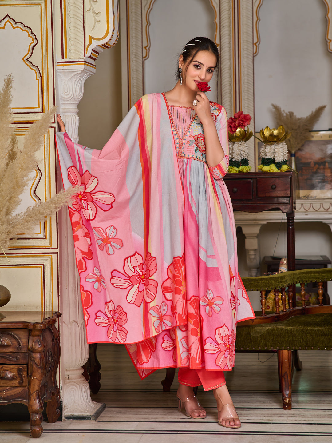 Placement Printed & Embroidered Flared Kurta with Pant & Printed Dupatta