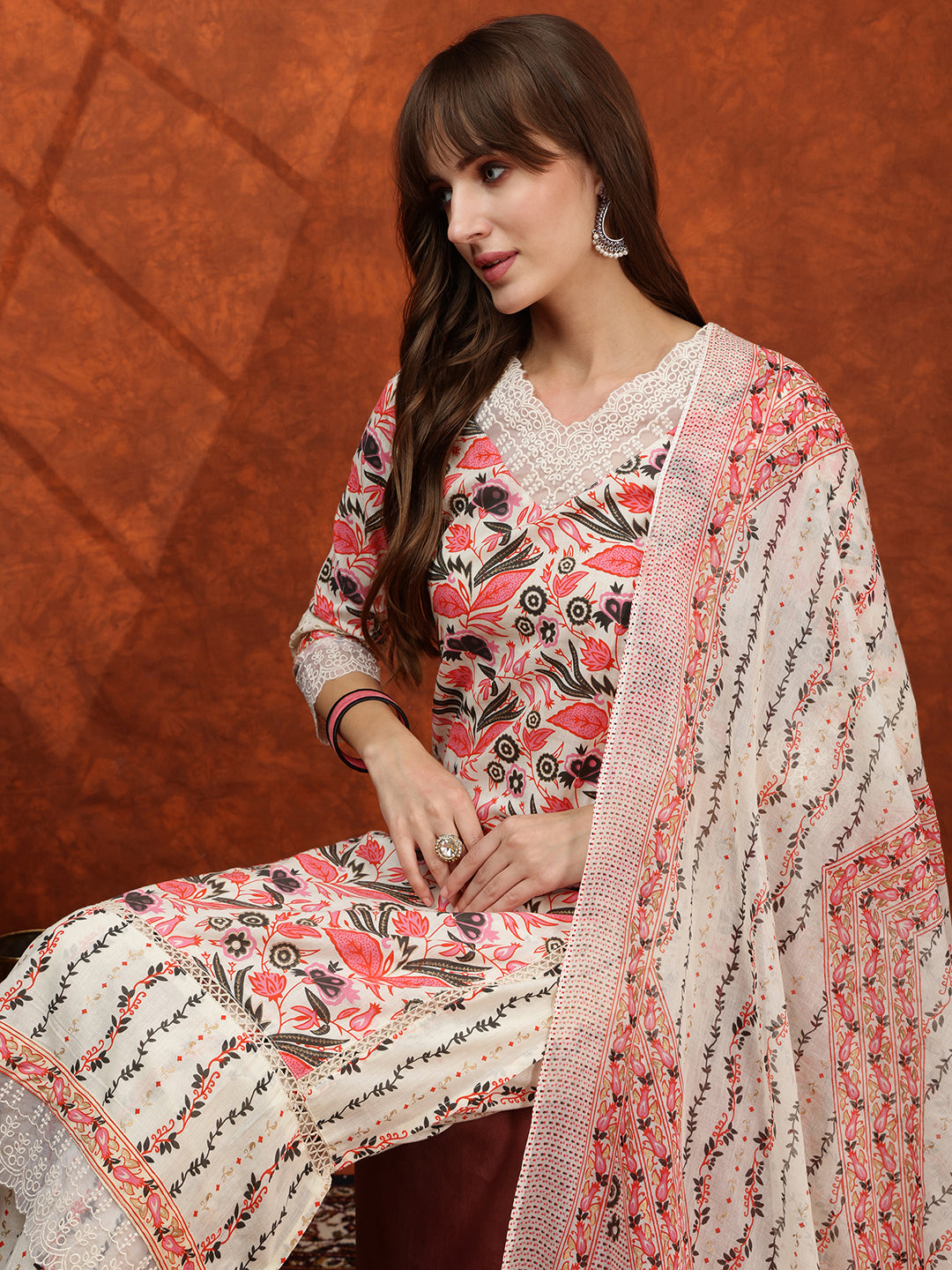 Lace Detailing & Printed Kurta with Pant & Dupatta