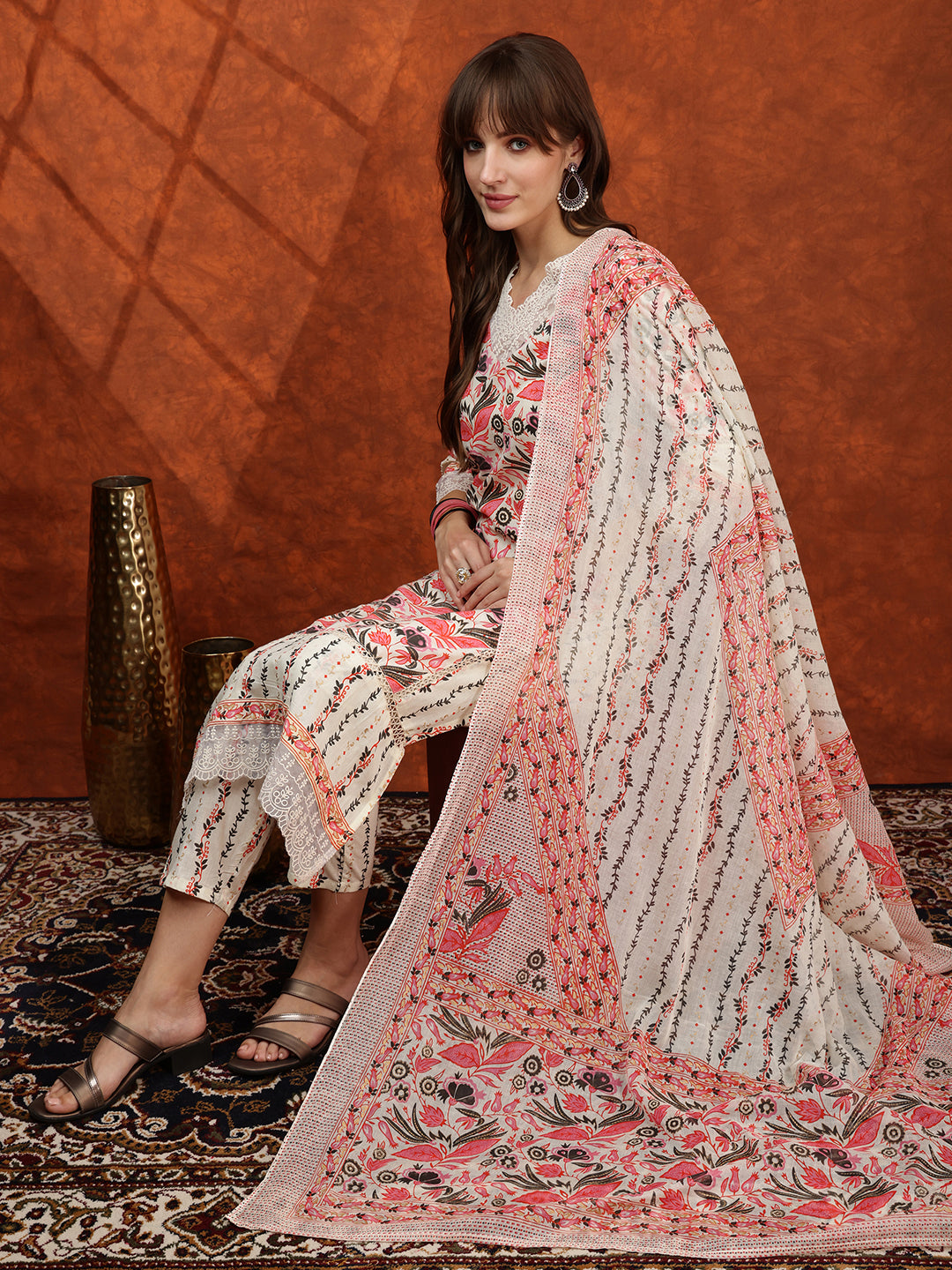 Lace Detailing & Printed Kurta with Pant & Dupatta