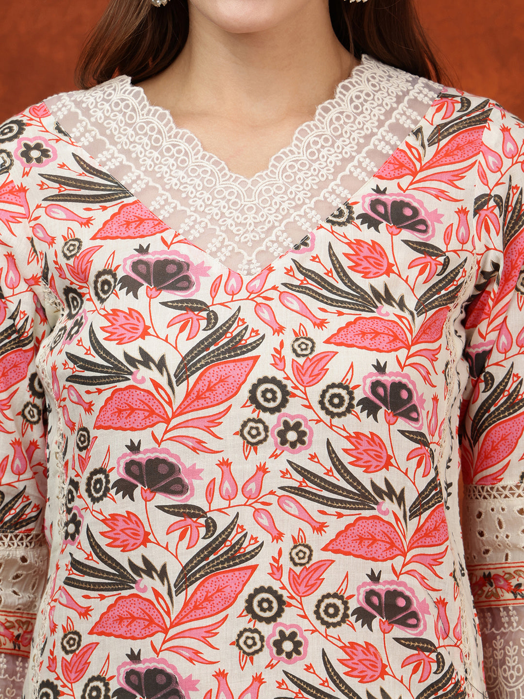 Lace Detailing & Printed Kurta with Pant & Dupatta