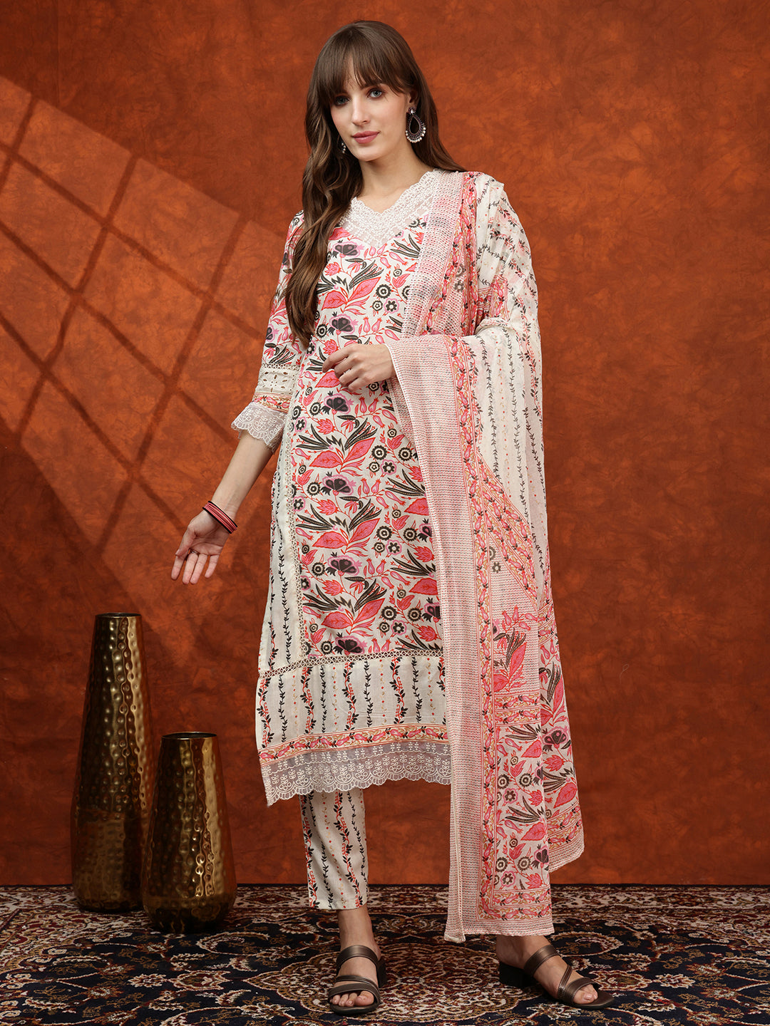 Lace Detailing & Printed Kurta with Pant & Dupatta