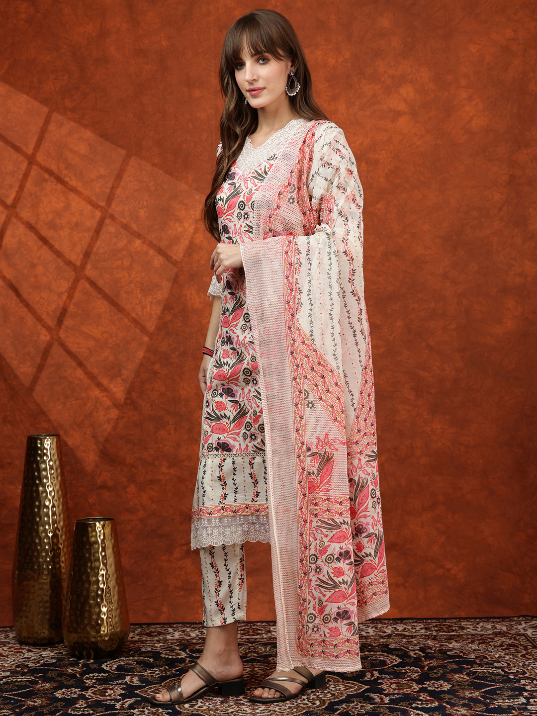 Lace Detailing & Printed Kurta with Pant & Dupatta