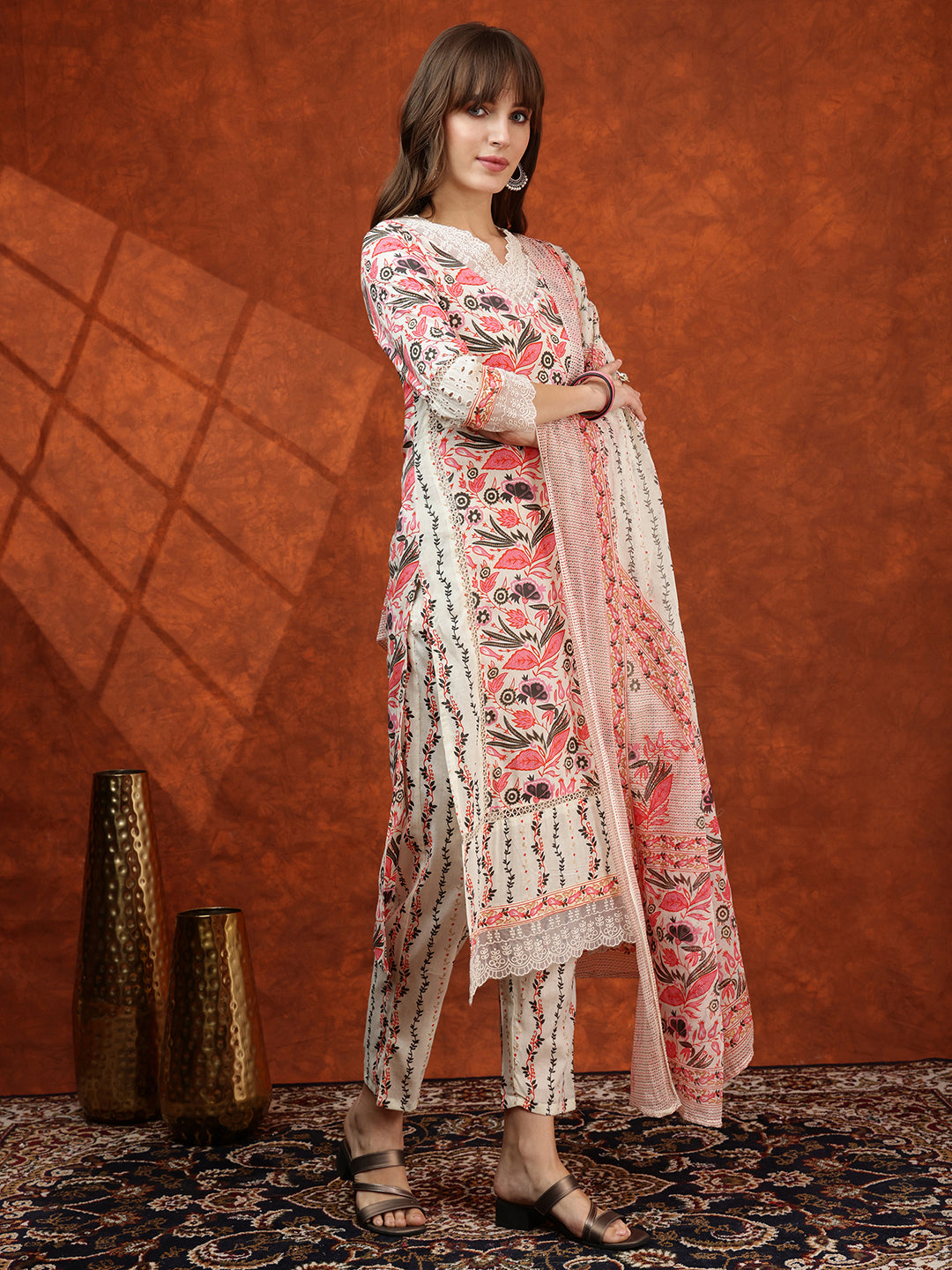 Lace Detailing & Printed Kurta with Pant & Dupatta