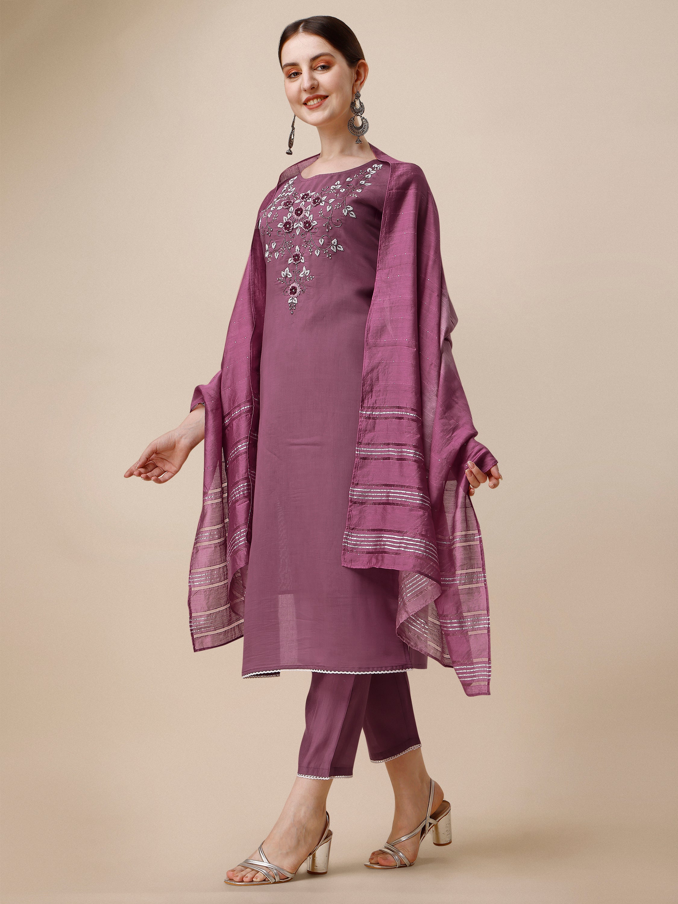 Hand Embroidered Chanderi Kurta with Pant and Dupatta Set