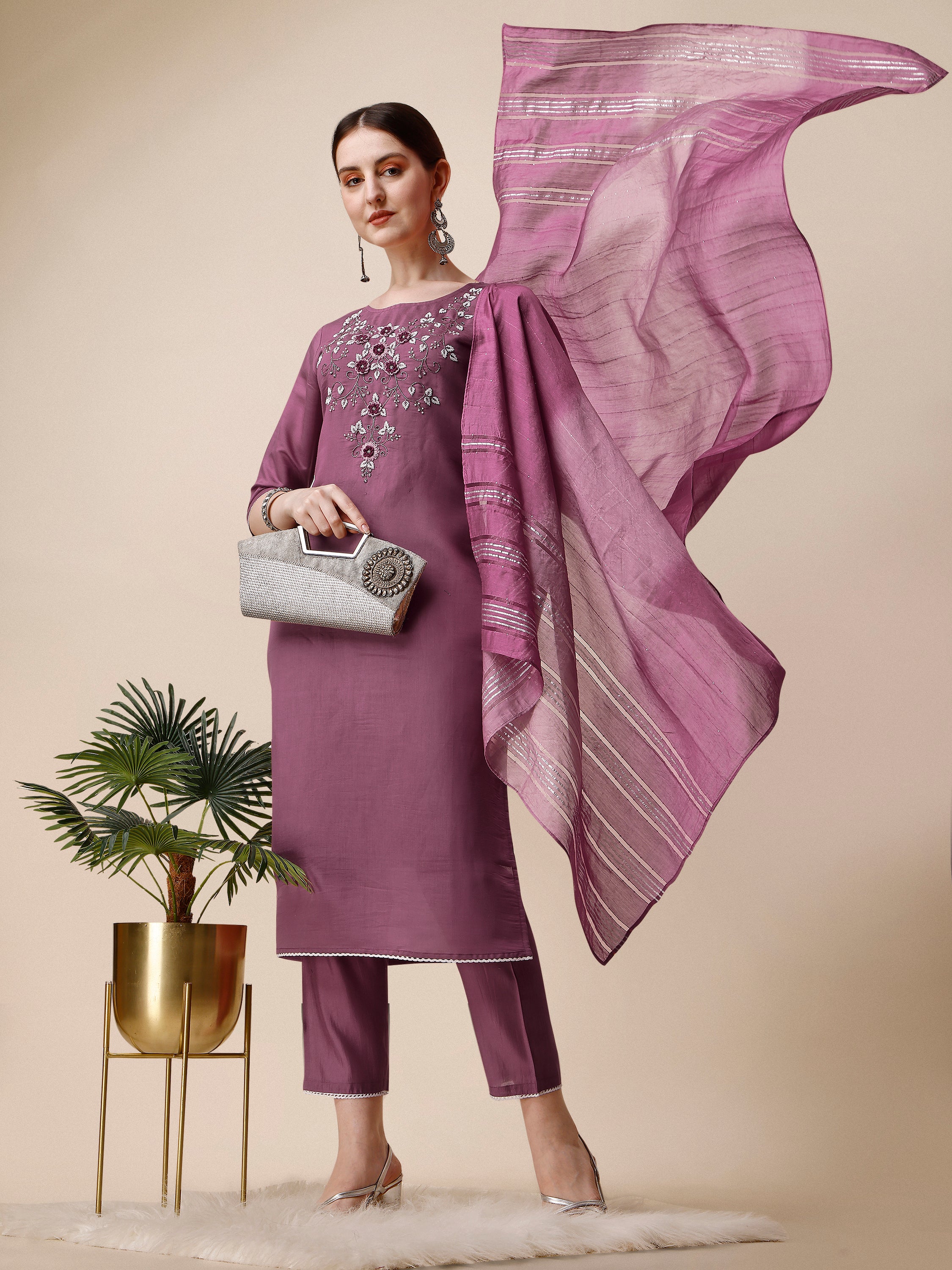 Hand Embroidered Chanderi Kurta with Pant and Dupatta Set