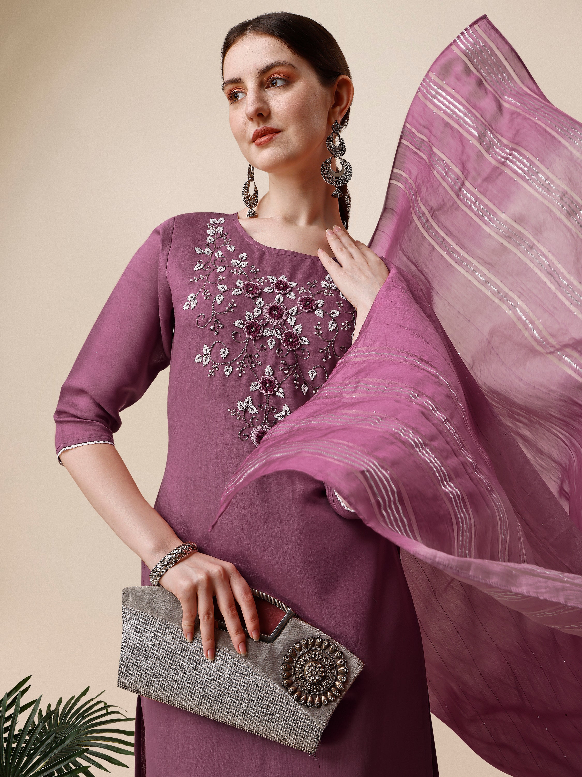 Hand Embroidered Chanderi Kurta with Pant and Dupatta Set