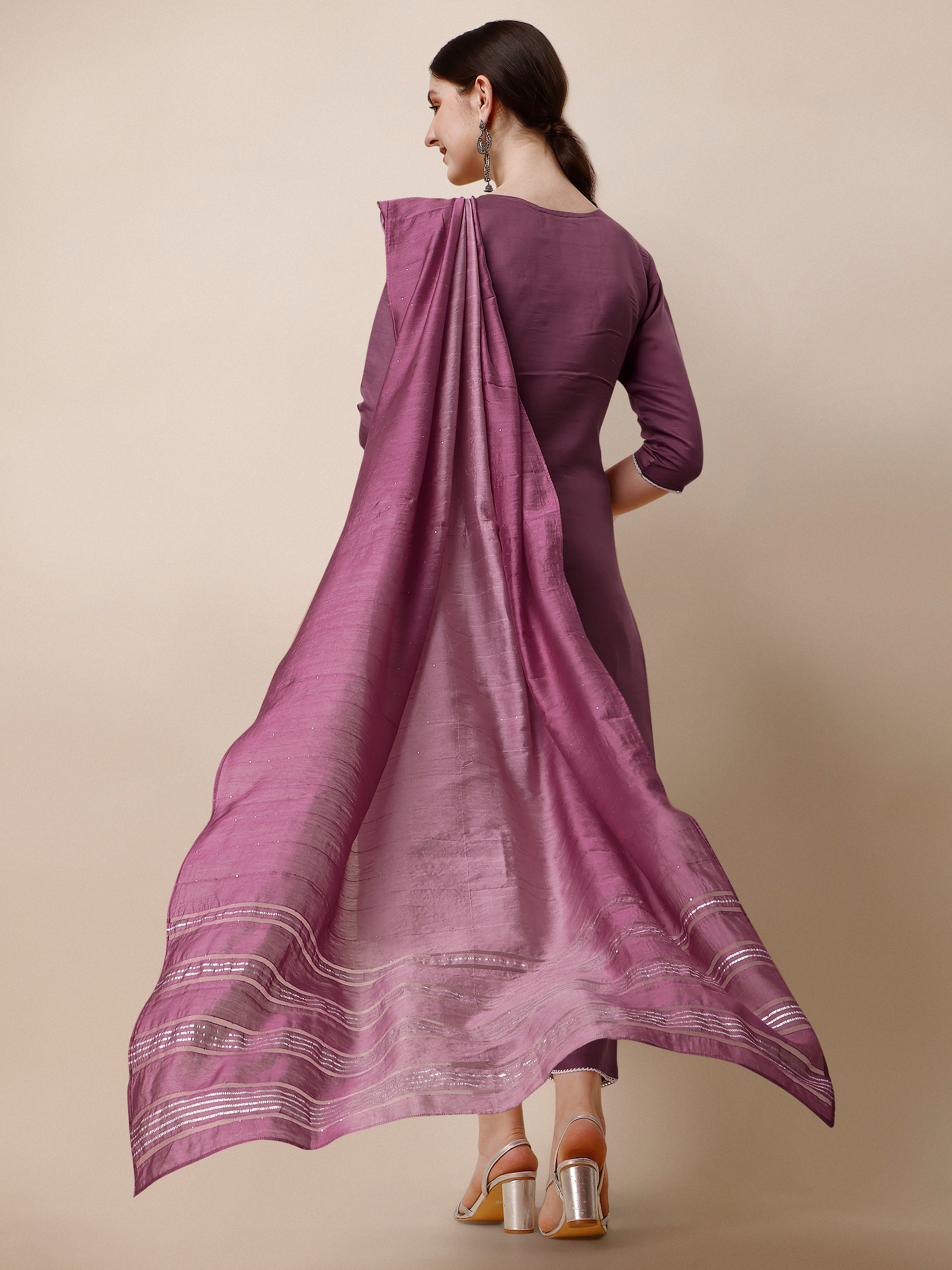 Hand Embroidered Chanderi Kurta with Pant and Dupatta Set