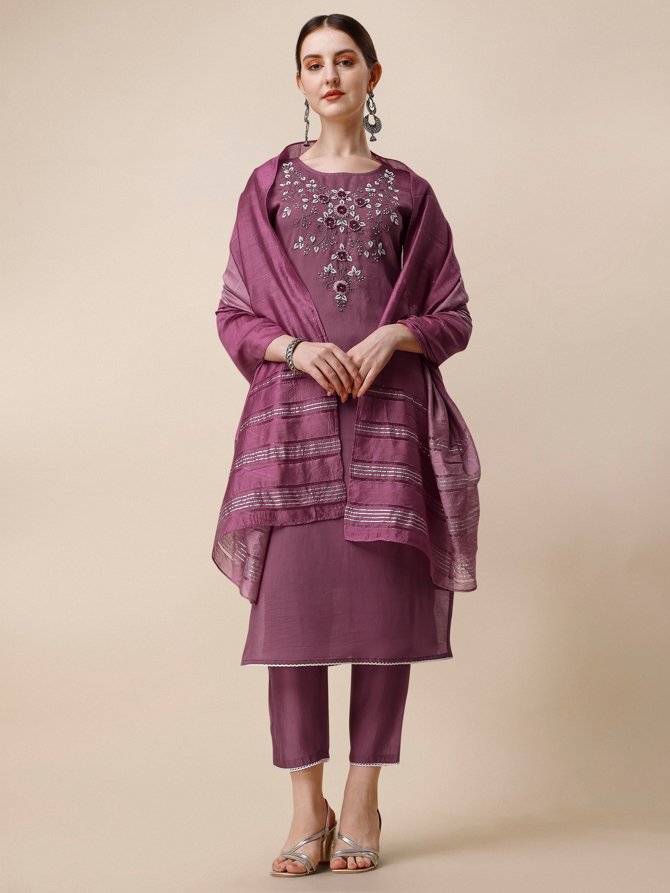 Hand Embroidered Chanderi Kurta with Pant and Dupatta Set