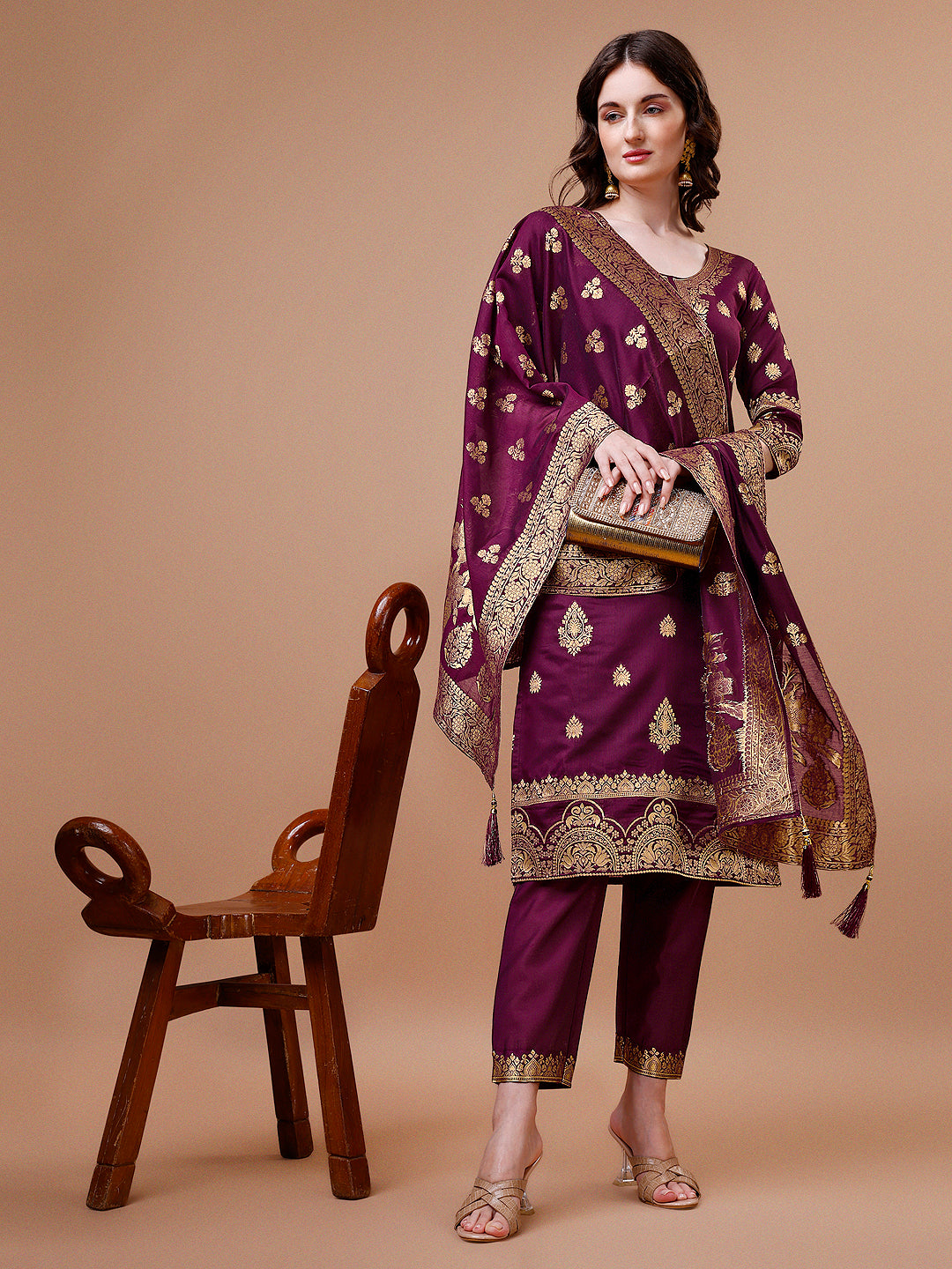 Pure Banarasi Chanderi Jacquard Kurta with pant & dupatta set