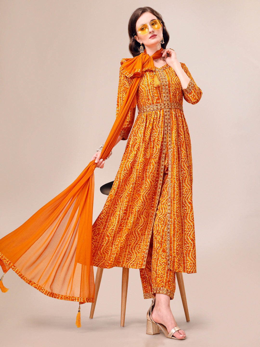 Printed & Embroidered Front Slit Kurta, Pant, Dupatta And Belt Set