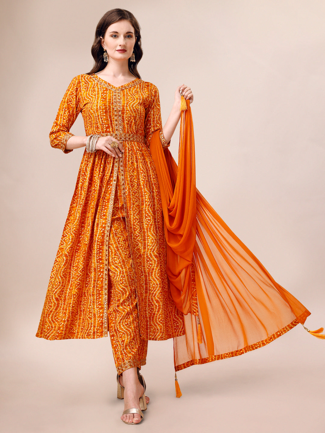 Printed & Embroidered Front Slit Kurta, Pant, Dupatta And Belt Set