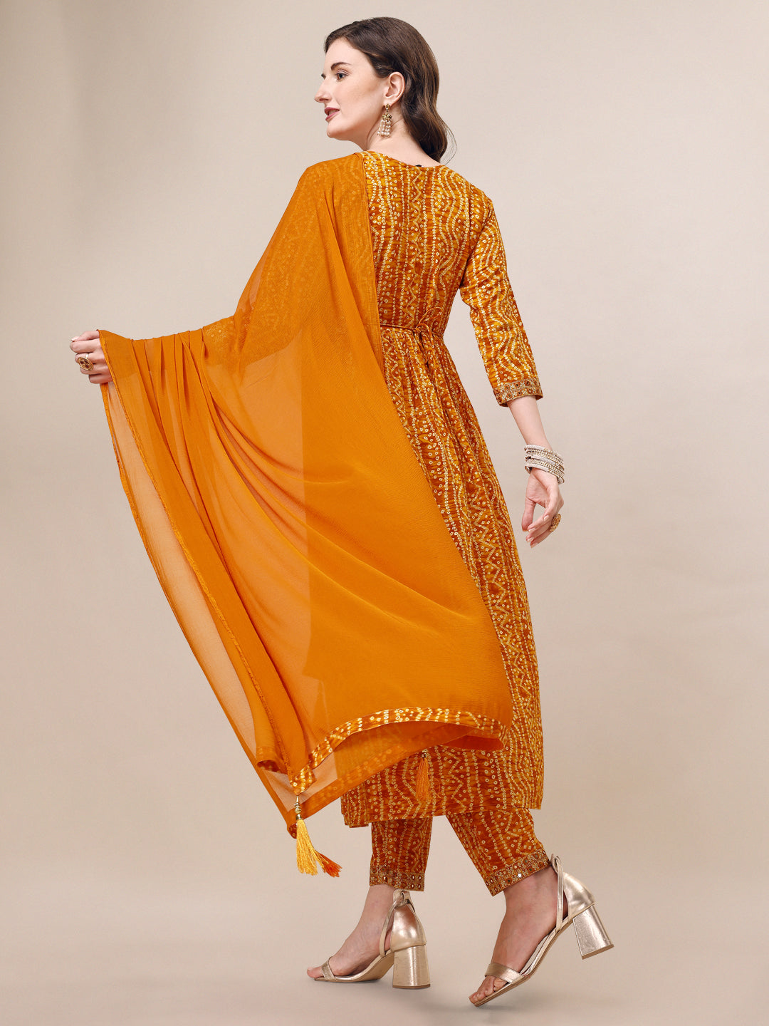 Printed & Embroidered Front Slit Kurta, Pant, Dupatta And Belt Set