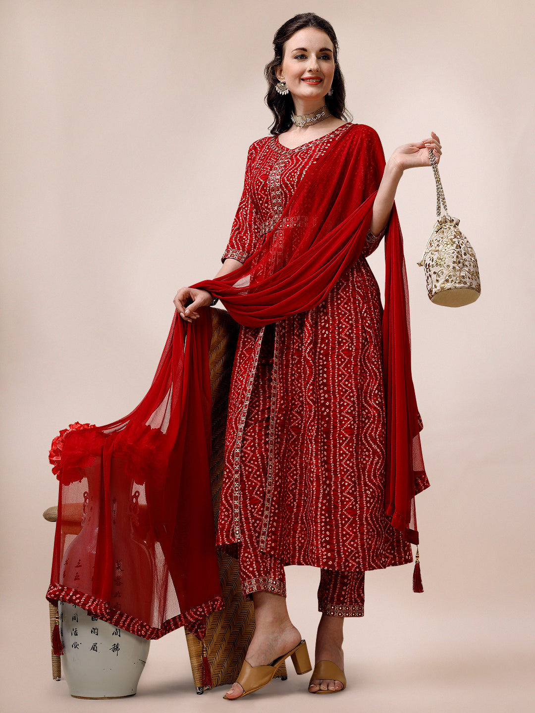 Bandhani Printed & Embroidered Front Slit kurta,pant,dupatta & Belt Set