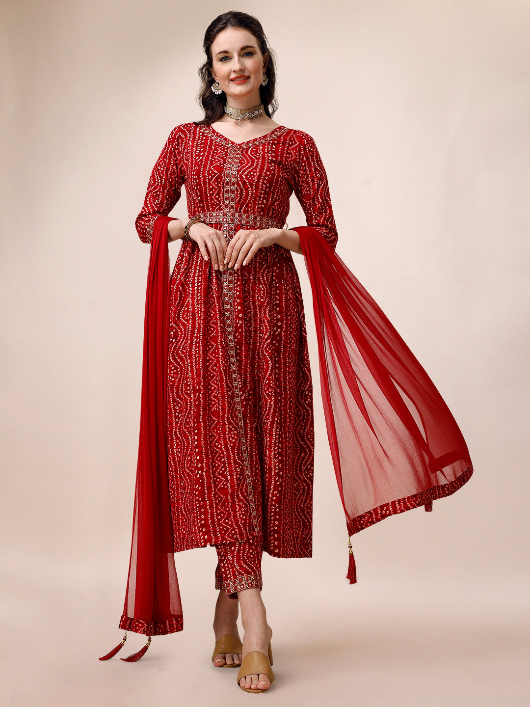 Bandhani Printed & Embroidered Front Slit kurta,pant,dupatta & Belt Set