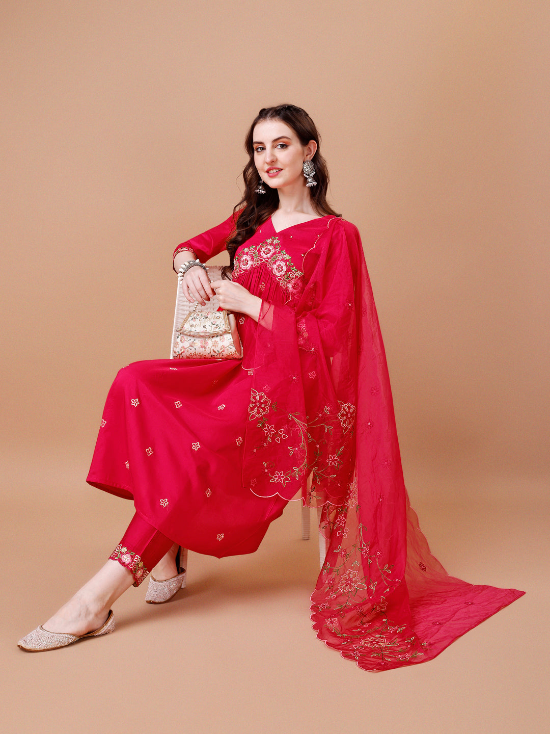 Alia Cut Embroidered Kurta with Pant & Organza Embroidered Dupatta Premium