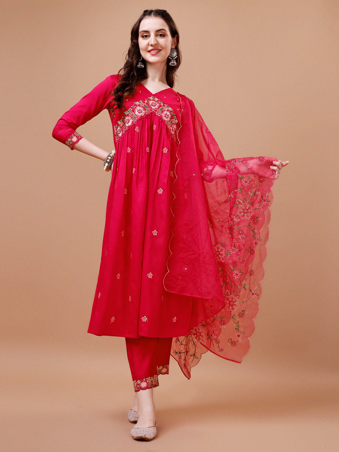 Alia Cut Embroidered Kurta with Pant & Organza Embroidered Dupatta Premium