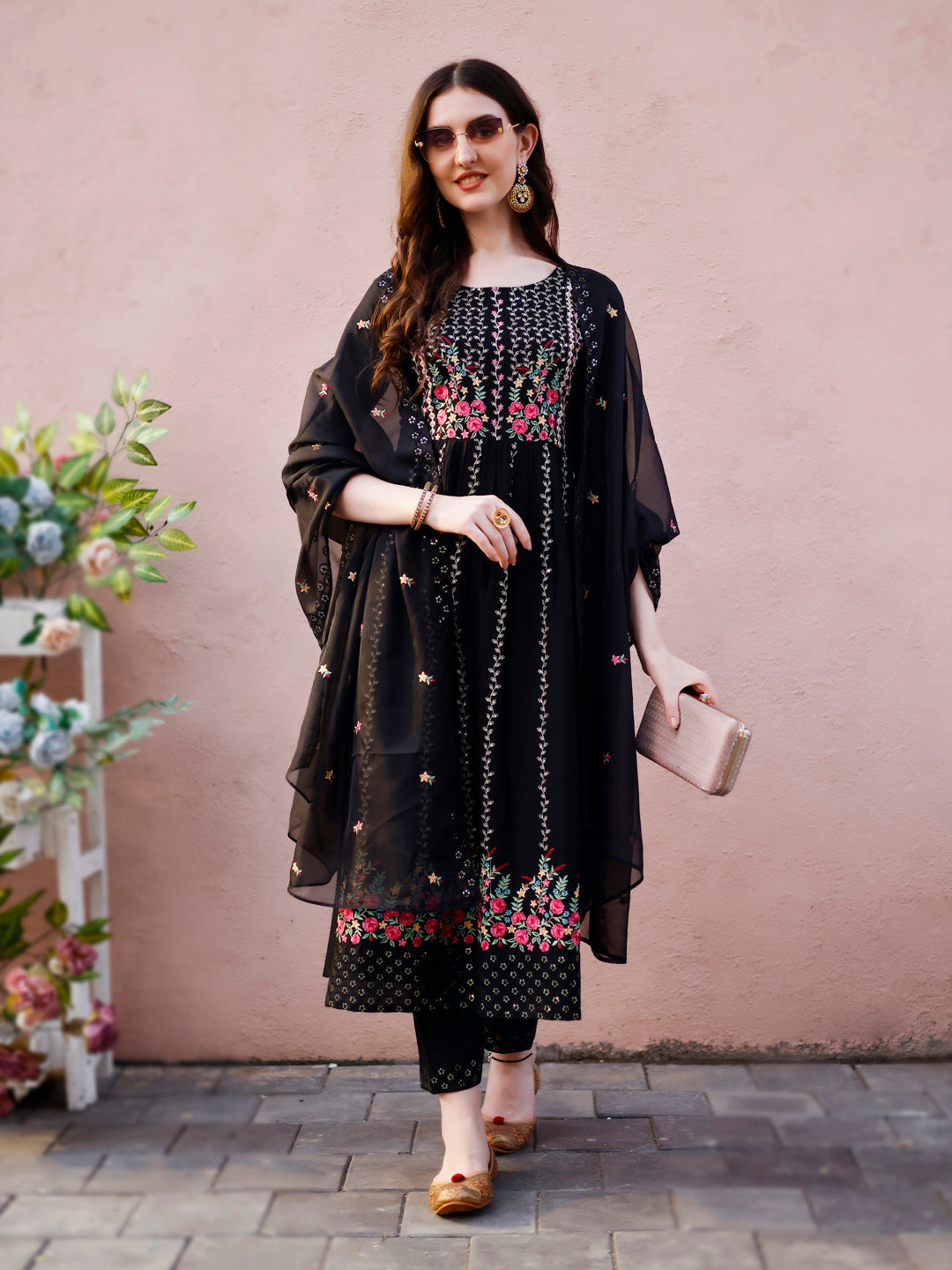 Nyra Cut Floral front Embroidered Kurta with pant & Organza Embroidered Dupatta Premium Luxury