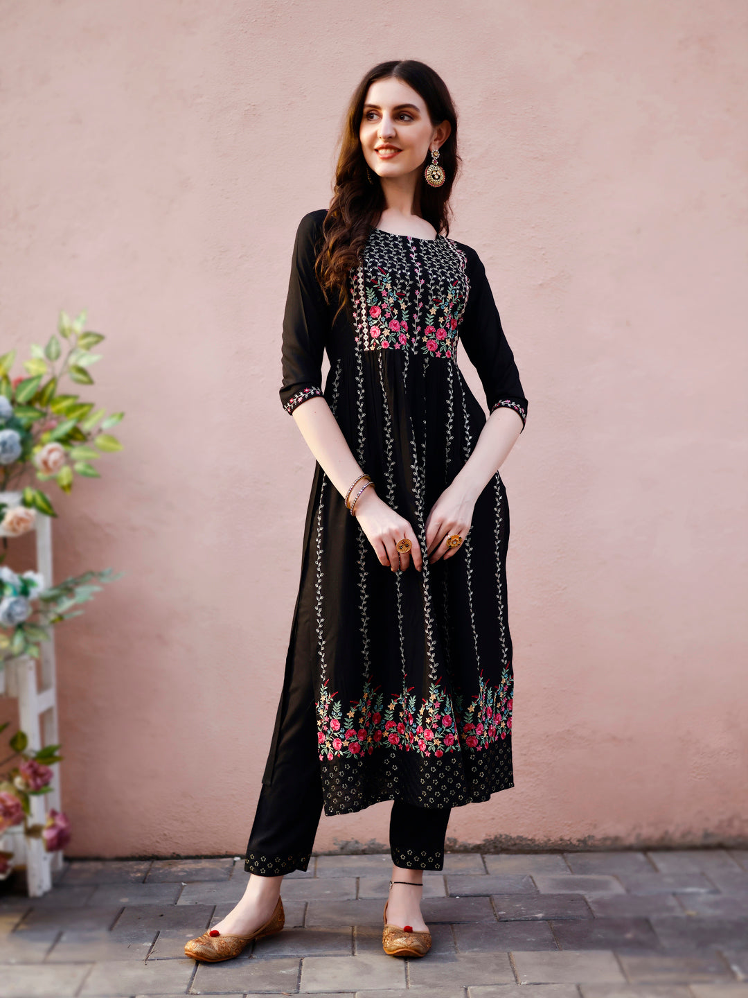 Nyra Cut Floral front Embroidered Kurta with pant & Organza Embroidered Dupatta Premium Luxury