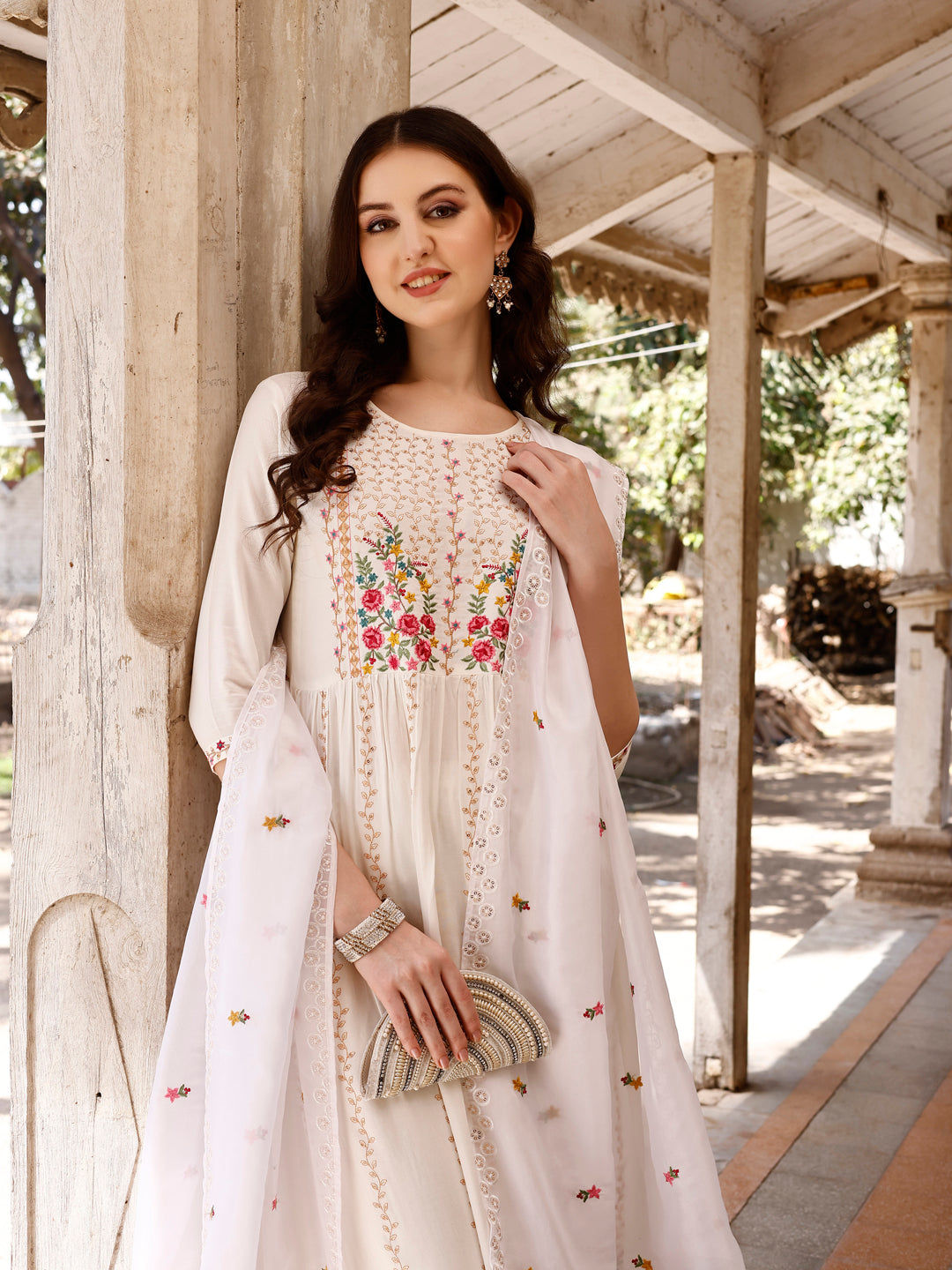 Nyra Cut Floral front Embroidered Kurta with pant & Organza Embroidered Dupatta Premium